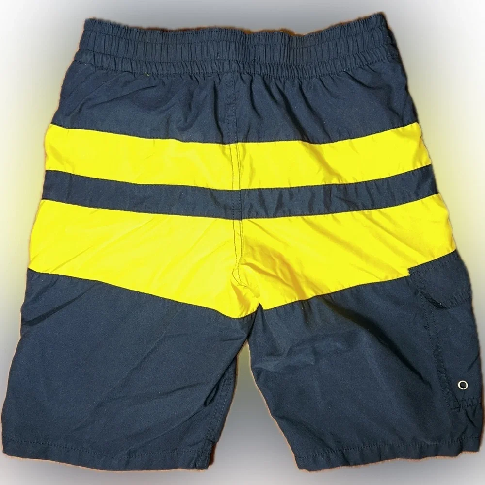 Polo Ralph Lauren Kids Big Pony Navy Yellow Striped Board Shorts Swim Trunks M